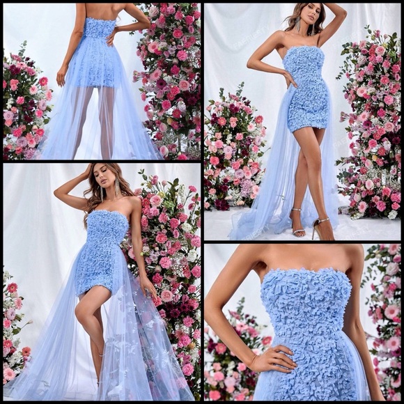Fariesty 3D Flower Appliqué Blue Tube Dress Mesh OverLay On Waist Prom Wedding S - Picture 1 of 16